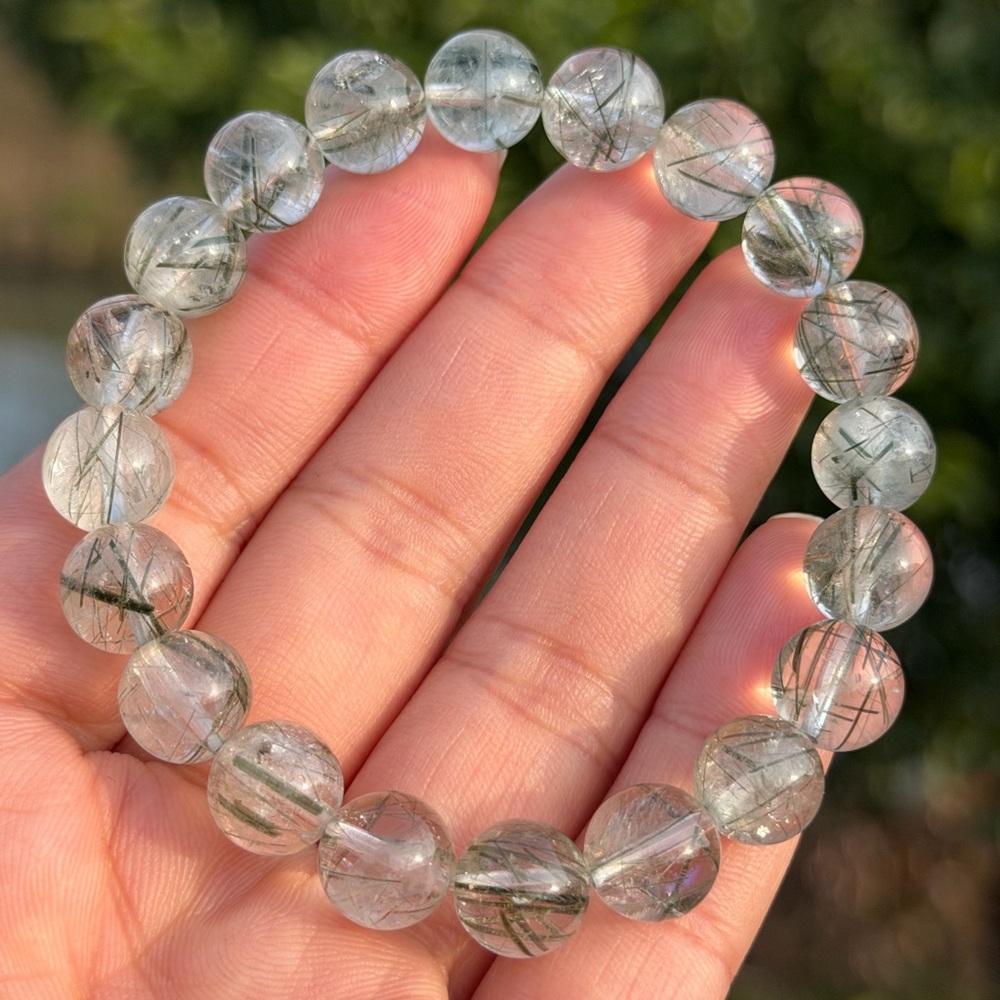 10mm stretchable high quality‎ clear green rutilated quartz bracelet 1073